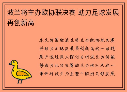 波兰将主办欧协联决赛 助力足球发展再创新高