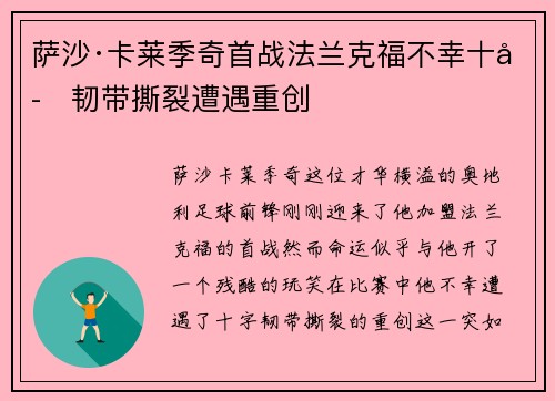 萨沙·卡莱季奇首战法兰克福不幸十字韧带撕裂遭遇重创 萨沙·卡莱季奇首战法兰克福不幸十字韧带撕裂遭遇重创